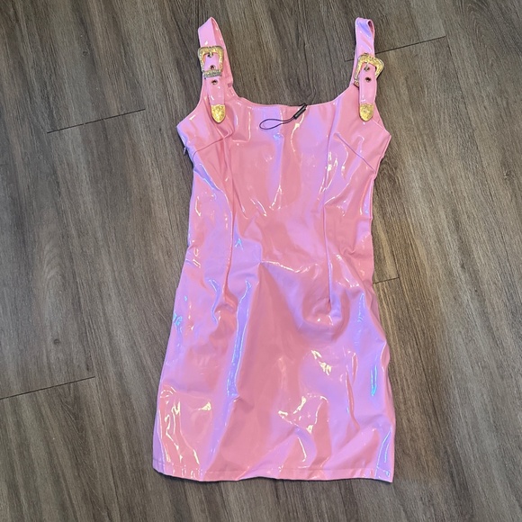 Pink Vinyl Mini Buckle Strap Dress - Picture 1 of 3